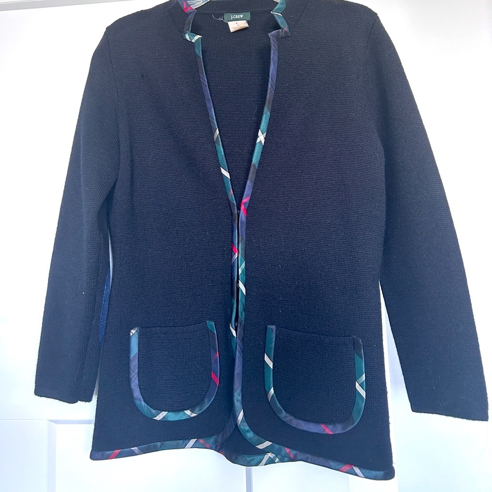 J. Crew Black Sweater with Tartan Plaid Trim